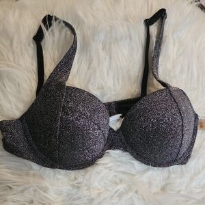 PINK Victoria's Secret Black/Silver Shimmer Bikini Top (Size: L)